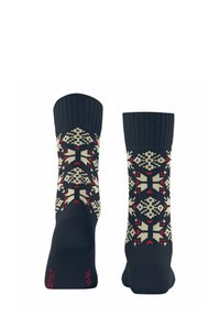 Calze blu navy con un motivo lavorato a maglia che presenta motivi di fiocchi di neve in crema e rosso. Polsino a costine e finitura testurizzata.