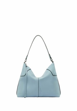 Sac à main en cuir bleu clair avec une bandoulière unique, des détails de coutures discrètes et une couture verticale à l'avant.