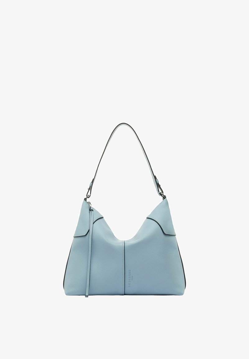 Jasnoniebieska skórzana torba na ramię z pojedynczym paskiem na ramię, subtelnymi przeszyciami i pionowym szwem z przodu.