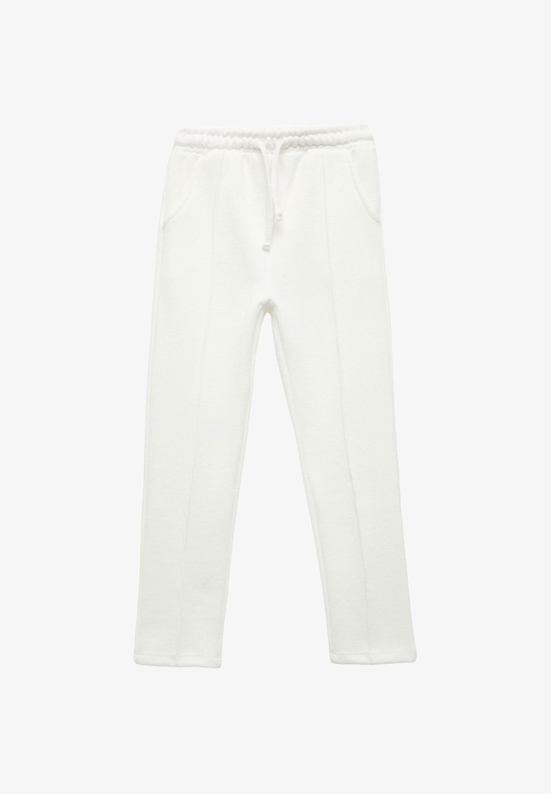 Weiße Baumwoll-Sweatpants mit elastischem Bund, Kordelzug und zwei Seitentaschen. Mit flachen Nähten und geradem Bein-Design.