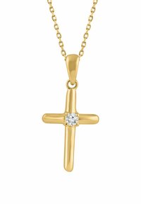 Kuldne ristiriip kettaga, mille keskel on üks selge teemant, sile viimistlus ja kitsenevad otsad.