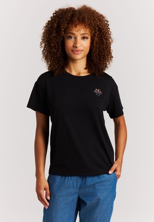 Zwart T-shirt met korte mouwen van katoen met een geribbelde textuur, met een klein geborduurd logo op de linkerborst.