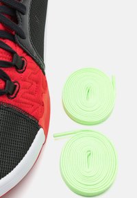 Vue partielle d'une basket rouge et noire à côté de deux lacets vert clair soigneusement enroulés sur un fond blanc.