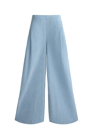 High-waisted, wide-leg pants with vertical light blue and white stripes, made from lightweight, textured fabric.