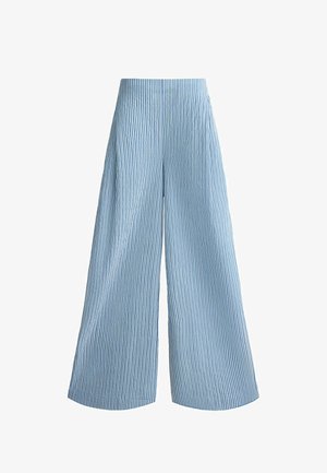 High-waisted, wide-leg pants with vertical light blue and white stripes, made from lightweight, textured fabric.