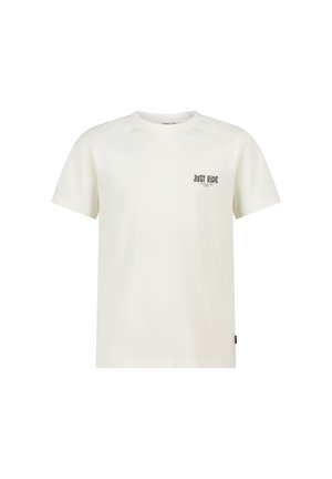 Wit T-shirt met korte mouwen en ronde hals, met kleine zwarte tekst "JUST RIDE" op de linkerborst.