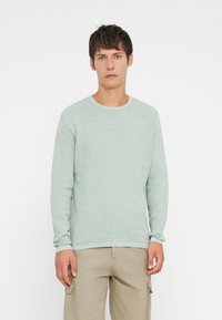 Ανοιχτό πράσινο πλεκτό πουλόβερ με γύρο λαιμό και μακριά μανίκια, με υφή. Φοριέται με μπεζ παντελόνια cargo.