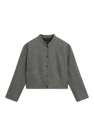 Grijze cropped jack van wol met lange mouwen, drukknoopsluiting en een ronde kraag.