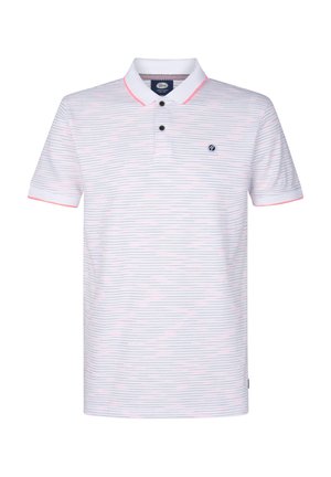 Poloshirt met korte mouwen in het wit met horizontale strepen in lichtroze en marineblauw, voorzien van een kraag, twee knopen en een logo op de borst.