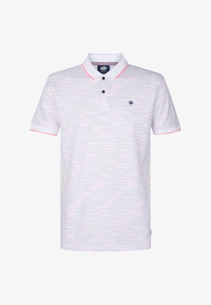 Kortærmet polo shirt i hvid med vandrette striber i lys pink og marineblå, med krave, to knapper og logo på brystet.