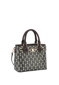 Sac à main noir avec un motif floral en crème. Dispose de poignées et d'accents en cuir marron, de quincaillerie dorée et d'une bandoulière amovible.