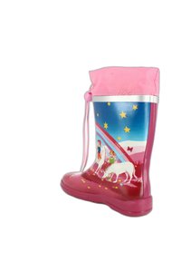 Roze rubberen regenlaars met een kleurrijk ontwerp van eenhoorns, sterren en een regenboog. Het heeft een opgerolde bovenkant met een trekkoord voor aanpassing.
