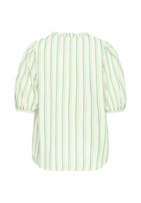 Blusa blanca con rayas verticales verdes, con mangas abullonadas hasta tres cuartos de largo y cuello redondo, vista desde atrás.