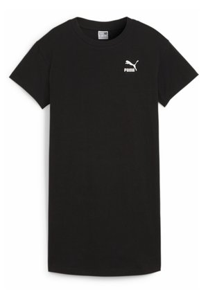 Vestido camiseta negro de manga corta Puma con logo blanco de Puma en el pecho y cuello redondo.