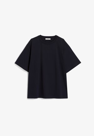 T-shirt noir à manches courtes avec col rond et coupe ample, présenté sur fond blanc.
