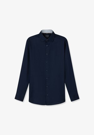 Marineblauw overhemd met lange mouwen, knoopsluiting, een puntige kraag en een patroon aan de binnenkant van de kraag.