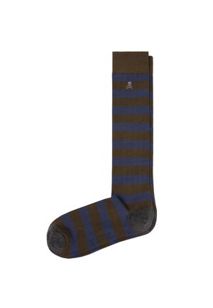 Calcetín largo con rayas horizontales marrones y azul oscuro, punta gris oscuro y pequeño logo de calavera y huesos cruzados cerca de la parte superior.