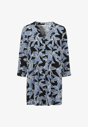 Langærmet skjorte med en sort stofbund og blå samt hvide blomster mønstre, knaplukning og v-halsudskæring.