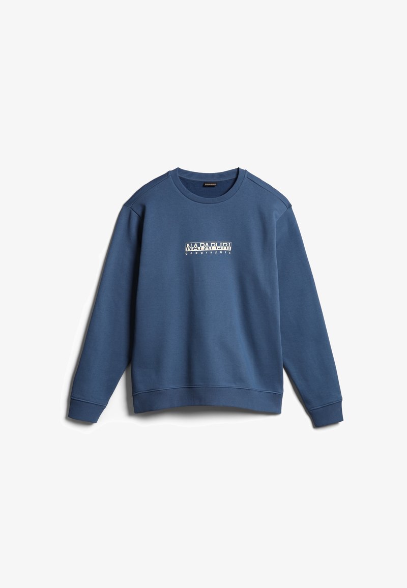 Sweat-shirt bleu à manches longues avec col rond, poignets et ourlet côtelés, présentant un logo rectangulaire blanc centré avec l'inscription "Napapijri geographic."