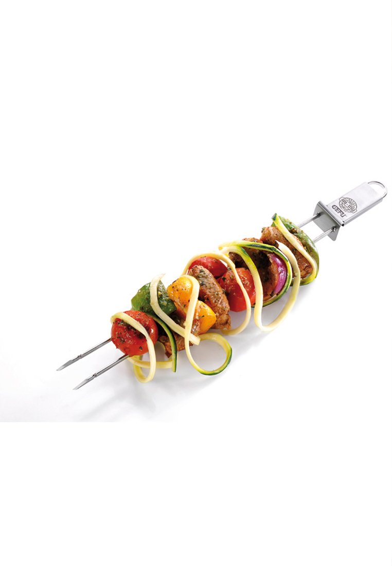 Stainless steel skewer with pointed ends, featuring grilled vegetables, meat, and spiral-cut zucchini, arranged in a colorful pattern.