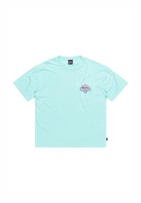 Mint green cotton t-shirt with short sleeves and a crew neck. Features a purple and pink diamond logo on the left chest. Smooth texture.
