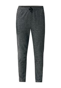 Tmavě šedé jogger kalhoty s vzorem rybí kosti, mají elastický pas a šňůrku. Obsahují boční kapsy a design zúžených nohavic.