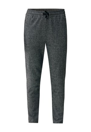 Pantalones jogger de color gris oscuro con un patrón de espiga, que cuentan con una cintura elástica y cordón. Presentan bolsillos laterales y un diseño de pierna tapered.