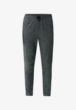 Pantalons joggers à motif chevrons gris foncé avec une taille élastique et un cordon de serrage. Comprend des poches latérales et un design de jambe fuselée.