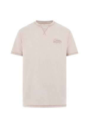 Lichtbeige T-shirt met korte mouwen, ronde hals en een klein reliëf Guess-logo op de linkerborst.