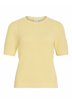 Pull court à manches courtes jaune clair en maille avec un motif texturé, des poignets et un ourlet côtelés, et un col rond.