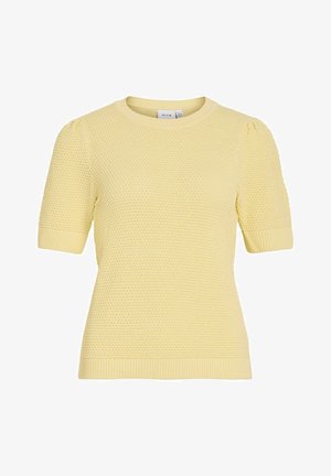Pull court à manches courtes jaune clair en maille avec un motif texturé, des poignets et un ourlet côtelés, et un col rond.
