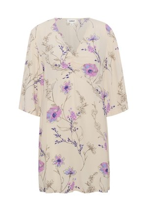 Virágmintás, törtfehér anyagú ruha V-kivágással, 3/4-es ujjakkal, lila virágokkal és zöld szárakkal. Puha tapintású és laza fazonú.