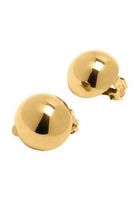 Złote klipsy w formie zaokrąglonej, gładkiej, odbijające światło. Posiadają bezpieczne, zawiasowe zapięcie, co ułatwia noszenie.