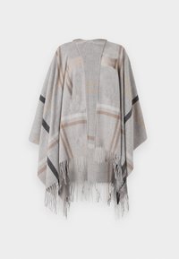Shawl a quadri grigi realizzato in un materiale morbido, con strisce beige e nere, design aperto davanti e dettagli in frange all'orlo.
