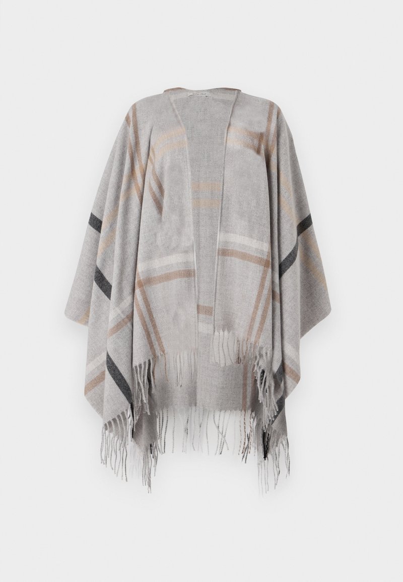 Shawl a quadri grigi realizzato in un materiale morbido, con strisce beige e nere, design aperto davanti e dettagli in frange all'orlo.