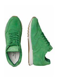 Sneakers in suede verde con suole in gomma bianche e marroni, dotati di un colletto imbottito, design con lacci e una texture liscia con dettagli di cucitura.