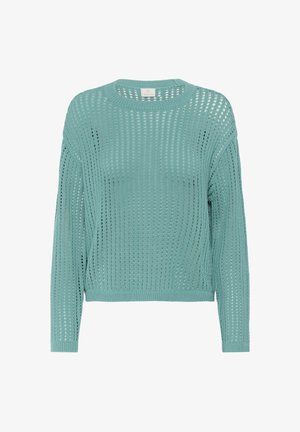 Vaaleansininen neulepaita, jossa on löysä istuvuus, verkkomainen muotoilu, pitkät hihat ja pyöreä pääntie.