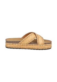 Woven straw slide sandal with crossed straps, tan color, layered jute sole, decorative stitching, and textured surface.