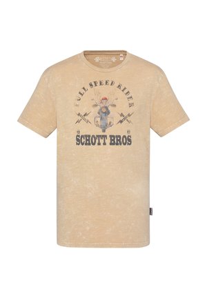 Beżowa koszulka z grafiką vintage motocykla, tekstem „Full Speed Rider” nad grafiką i tekstem „Schott Bros” poniżej na środku przodu.