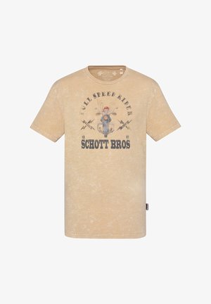 T-shirt beige avec un motif vintage de moto, texte "Full Speed Rider" au-dessus et texte "Schott Bros" en dessous au centre devant.