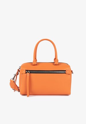 Borsa a tracolla in pelle arancione con tasca frontale con zip, doppio manico e tracolla regolabile. Presenta cuciture bianche a contrasto.