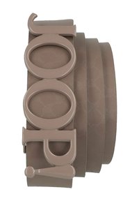 Cinturón de goma beige con letras apiladas "GOOD" en un acabado brillante, con una superficie ligeramente texturizada y una forma suave y redondeada.