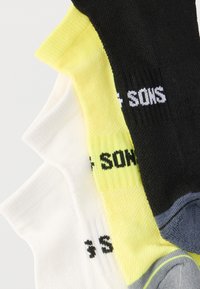 Trois paires de socquettes aux chevilles en blanc, jaune et noir, chacune avec un texte partiellement visible près du bord-côte.