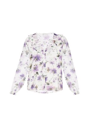 Blumenbluse mit langen Ärmeln, Rüschenausschnitt und weichem, durchscheinendem Stoff in Weiß, mit lila und grünen Blumenmustern.