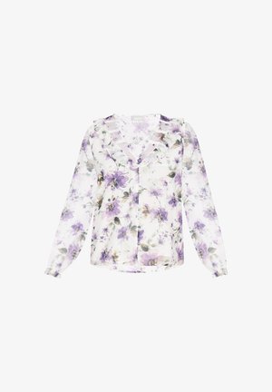 Kwiatowa bluzka z długimi rękawami, falbaniaste wykończenie przy szyi oraz miękka, przejrzysta tkanina w białym kolorze, z fioletowymi i zielonymi wzorami kwiatowymi.