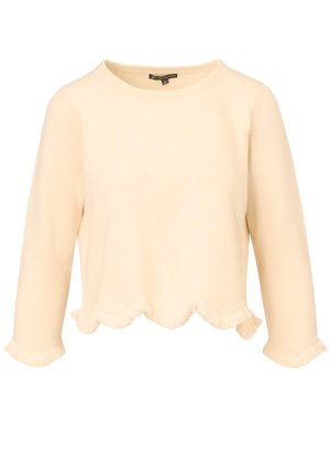 Hellbeige, verkürzter Sweatshirt mit Rundhalsausschnitt, Dreiviertelärmeln und gewelltem Fransen-Saum. Weicher Stoff mit glatter Textur.