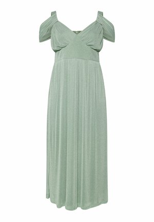 Minzgrünes Kleid mit Carmen-Ausschnitt, figurbetontem Oberteil und fließendem, plissiertem Rock. Hergestellt aus einem weichen, strukturierten Stoff mit subtilem Glanz.