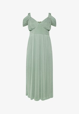 Minzgrünes Kleid mit Carmen-Ausschnitt, figurbetontem Oberteil und fließendem, plissiertem Rock. Hergestellt aus einem weichen, strukturierten Stoff mit subtilem Glanz.