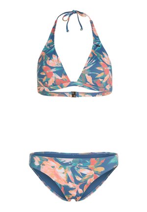Bloemenbikini set met een kleurrijke print van roze en groene bladeren op een blauwe achtergrond. Triangle-top met halternek en sluiting met haakje.