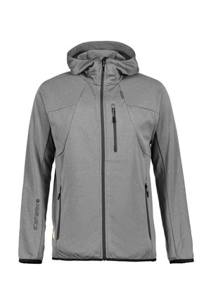 Szara kurtka softshellowa z kapturem, zamkiem z przodu, trzema kieszeniami na zamek, długimi rękawami i elastycznymi mankietami.